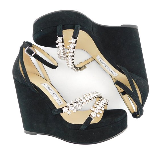 New JIMMY CHOO BING Black Suede Leather Crystal Strap Wedge Heel Sandals 37.5 - Picture 6 of 10